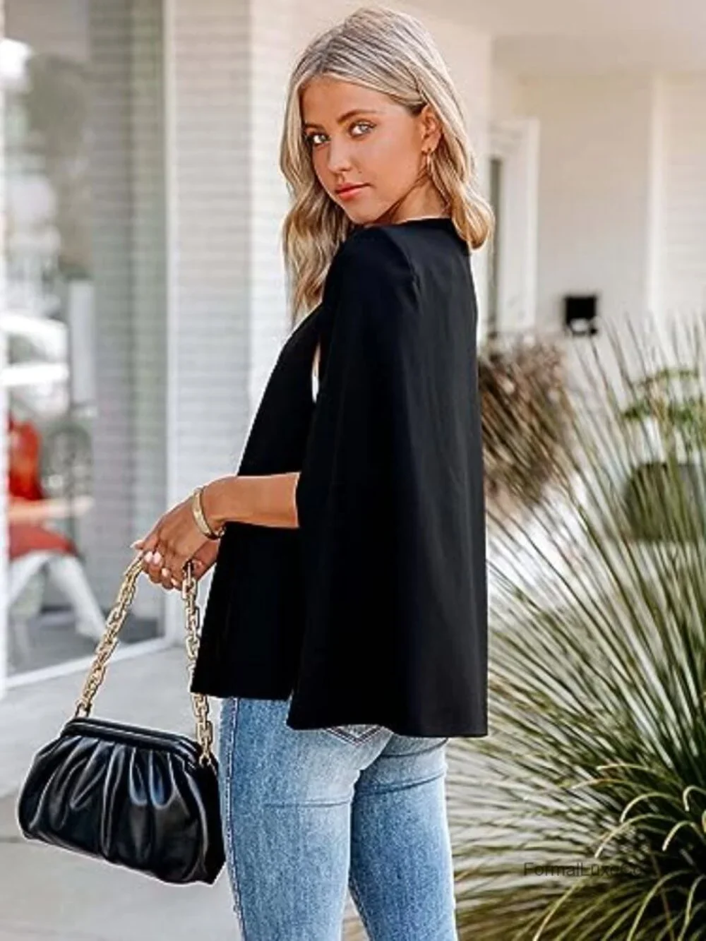 Open Front Cape Blazer with Split Sleeves, Casual Business Suit Jacket